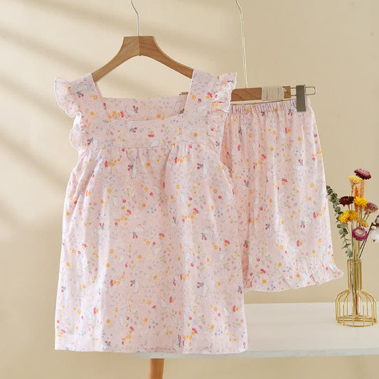 Pyjama sans manches en gaze de coton à motifs floraux et de lapins - Rose - XL - image 0