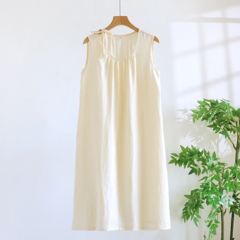 Chemise de nuit minimaliste, unie et sans manches, en coton - Beige - XL - image 5