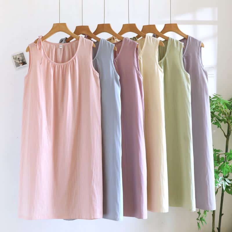 Chemise de nuit minimaliste, unie et sans manches, en coton - image 2
