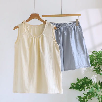 Pyjama sans manches en gaze de coton double épaisseur - Beige et bleu - XL - image 8