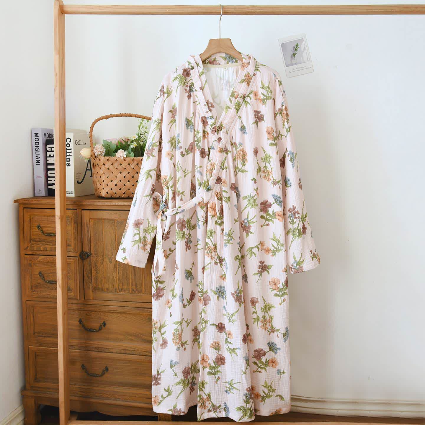 Peignoir en gaze de coton à motif floral et col à volants - Beige - L - image 0