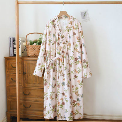 Peignoir en gaze de coton à motif floral et col à volants - Beige - L - image 0