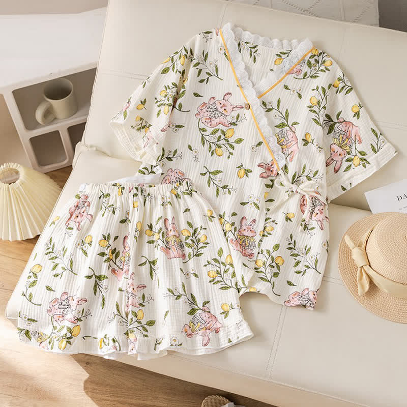 Ensemble pyjama en gaze de coton à motifs citron et lapin - image 4