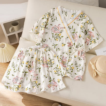 Ensemble pyjama en gaze de coton à motifs citron et lapin - image 4