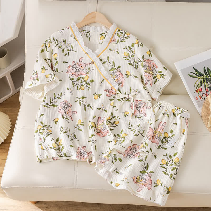 Ensemble pyjama en gaze de coton à motifs citron et lapin - image 1