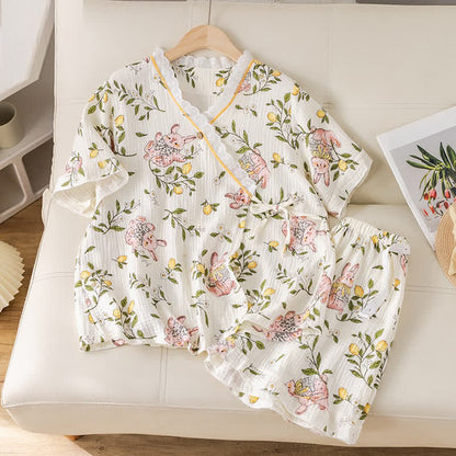 Ensemble pyjama en gaze de coton à motifs citron et lapin - image 1
