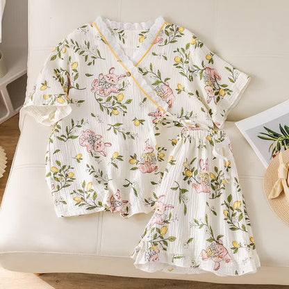 Ensemble pyjama en gaze de coton à motifs citron et lapin - image 2