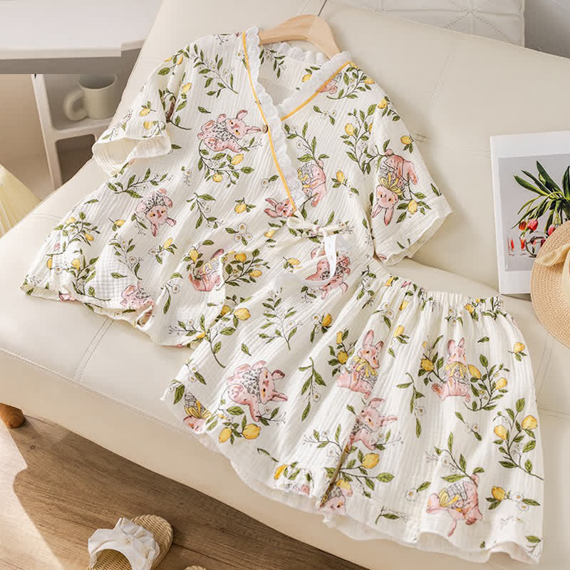Ensemble pyjama en gaze de coton à motifs citron et lapin - image 3