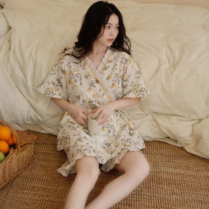 Ensemble pyjama en gaze de coton jaune à motif floral - image 3