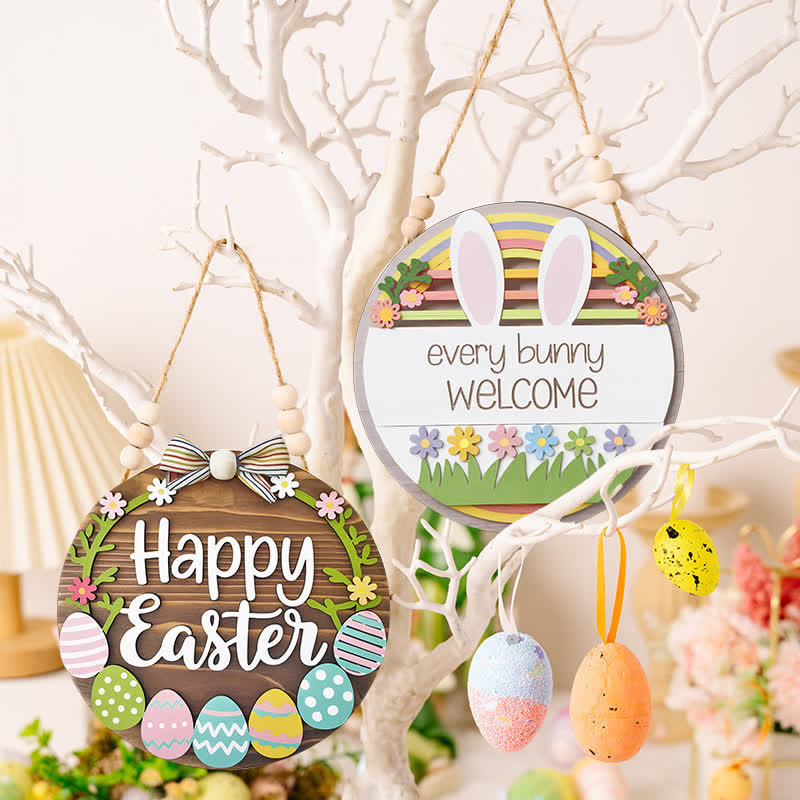 Décoration de porte en bois avec lapin et œuf de Pâques - image 0