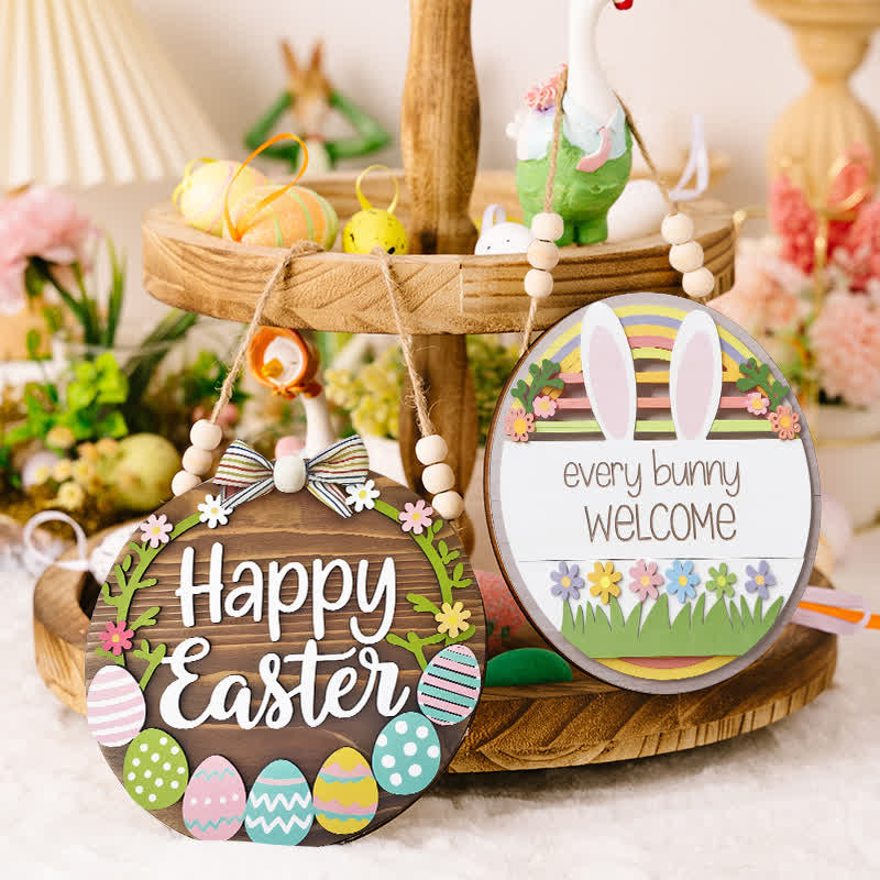 Décoration de porte en bois avec lapin et œuf de Pâques - image 1