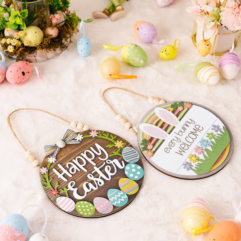 Décoration de porte en bois avec lapin et œuf de Pâques - image 2