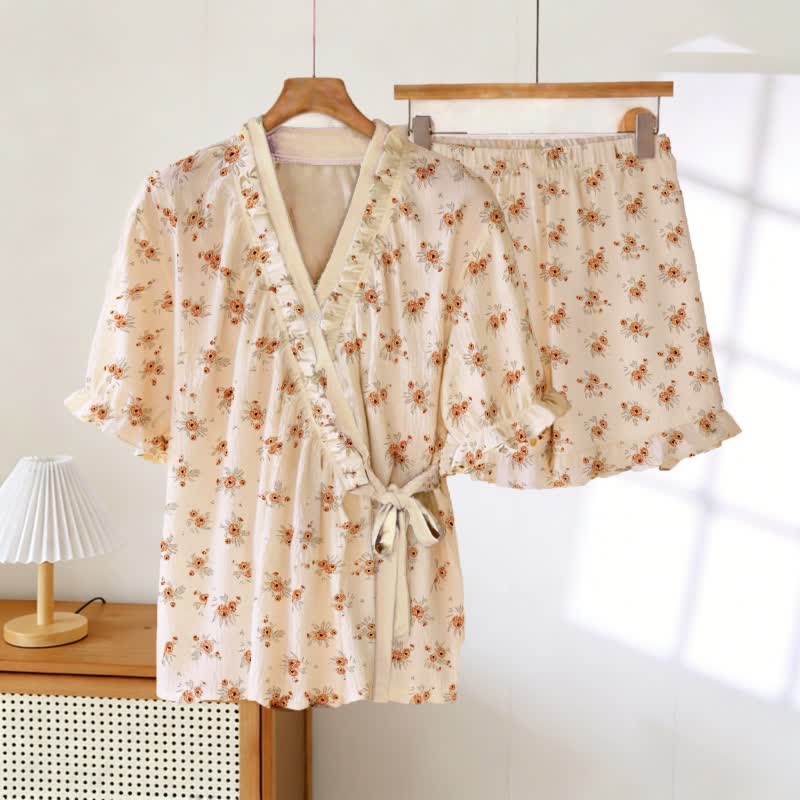 Pyjama de style champêtre à motifs floraux et manches à volants - Beige - 3XL - image 0