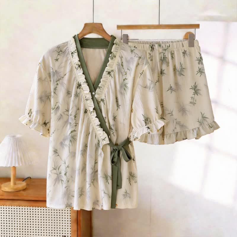 Pyjama élégant à manches à volants en forme de feuilles de bambou - Beige et vert - XXL - image 0