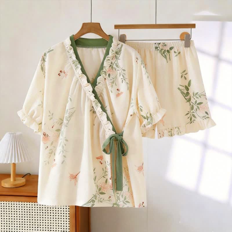 Pyjama rustique à manches à volants papillon et feuilles - Beige et vert - XXL - image 0