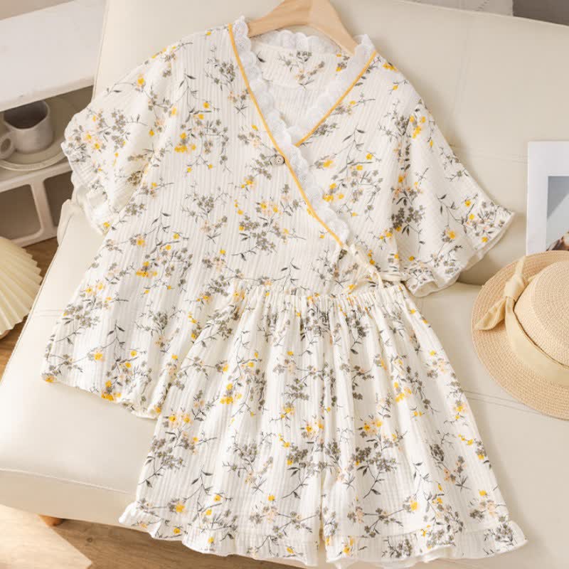 Ensemble pyjama en gaze de coton jaune à motif floral - image 1