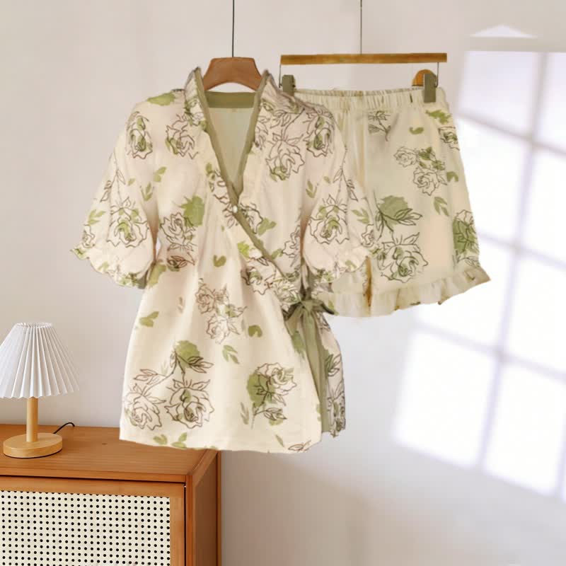 Ensemble pyjama à manches à volants roses - Beige et vert - 3XL - image 0