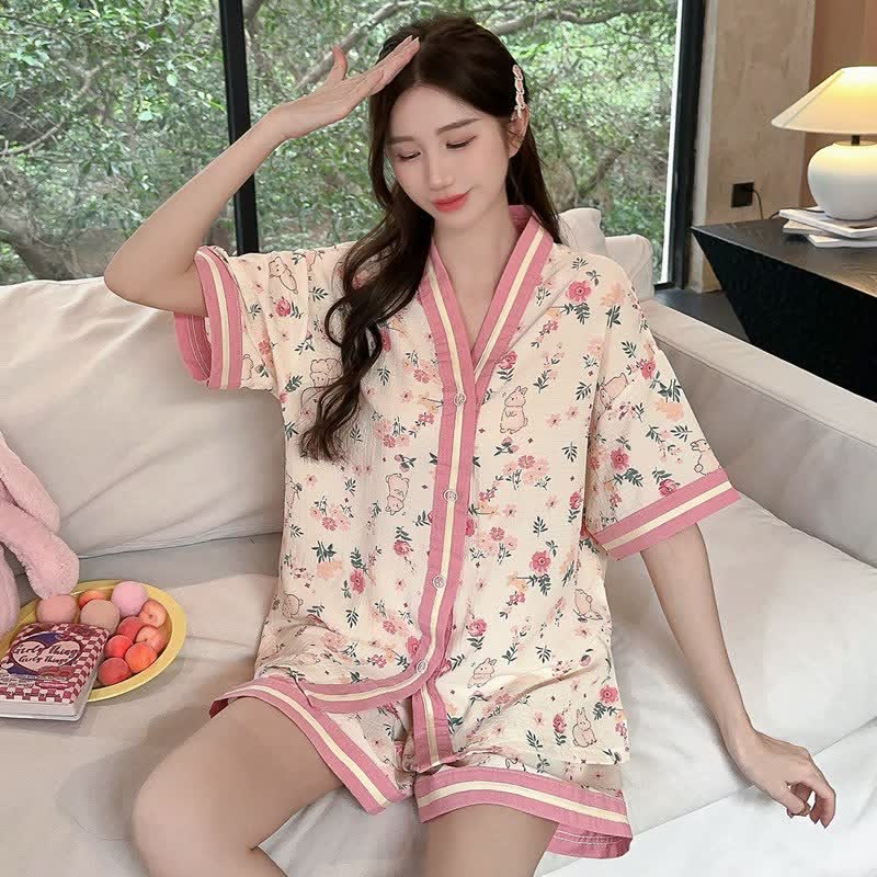 Ensemble pyjama à manches courtes avec motif floral et motif lapin - Beige et rose - 3XL - image 0
