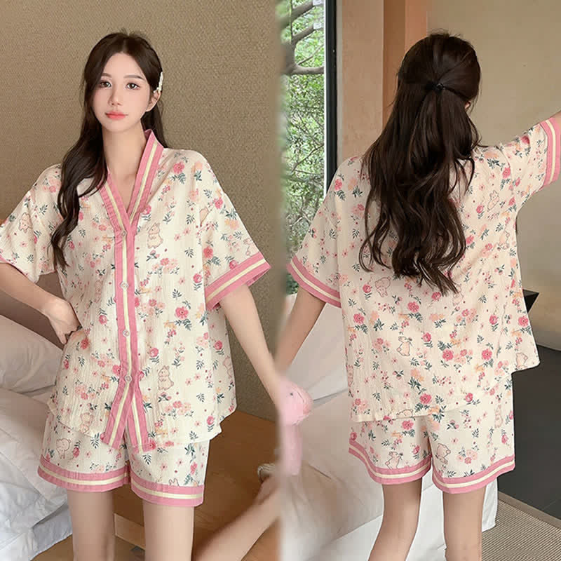 Ensemble pyjama à manches courtes avec motif floral et motif lapin - image 2