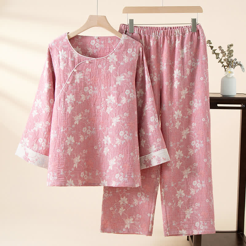 Pyjama en coton et lin à motif floral rose oriental - Rose - XL - image 0