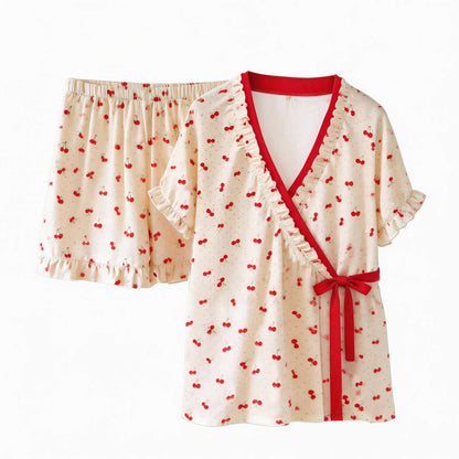 Pyjama couleur cerise avec manches à volants et pois blancs - image 4
