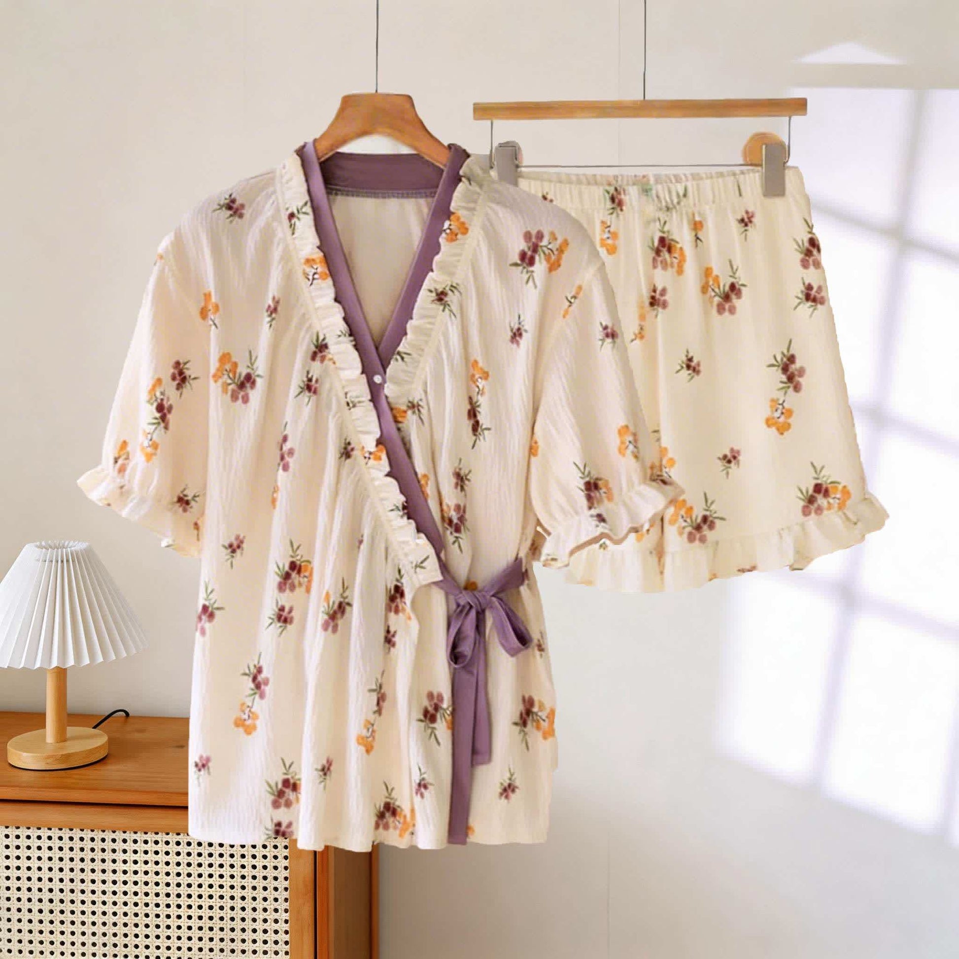 Ensemble pyjama rustique à manches à volants dans des tons de baies - Beige et violet - XXL - image 0