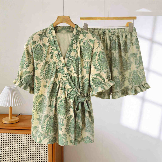 Pyjama vert rafraîchissant à motif floral et manches à volants - Vert et jaune - XXL - image 0