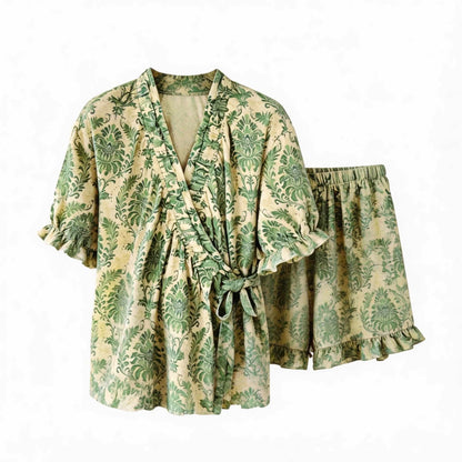 Pyjama vert rafraîchissant à motif floral et manches à volants - image 5