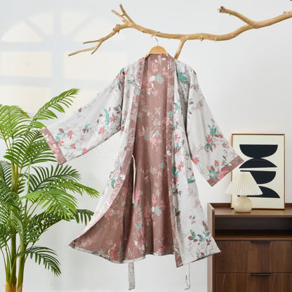 Peignoir de style kimono en gaze de coton à motif floral vintage - Gris - L - image 7