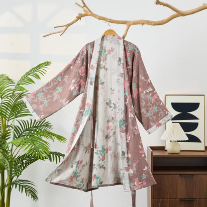 Peignoir de style kimono en gaze de coton à motif floral vintage - Brun - L - image 0