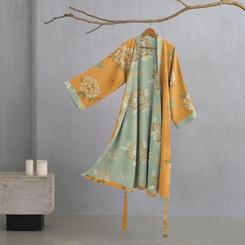 Peignoir de style kimono en gaze de coton orné d'une pivoine jaune - Jaune - XL - image 0