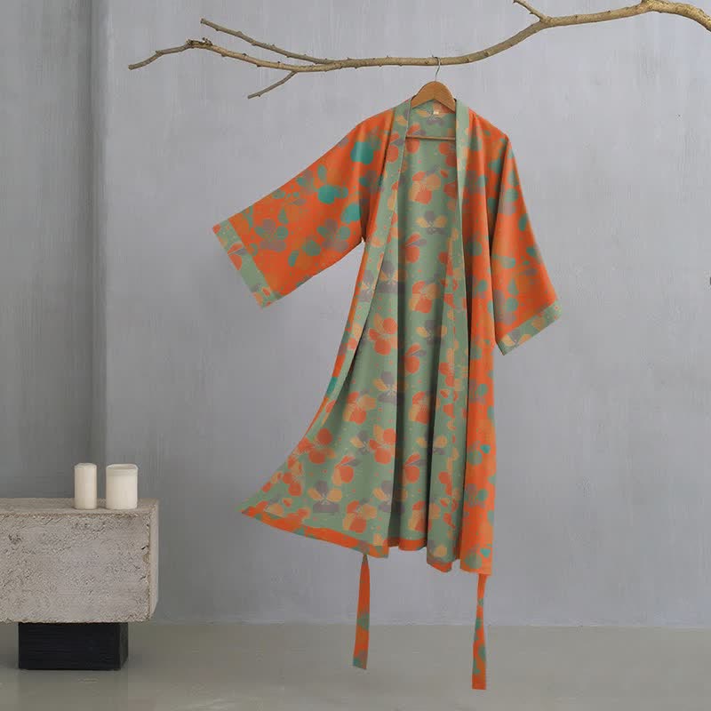 Peignoir de style kimono en gaze de coton à motifs floraux artistiques - Orange - XL - image 0