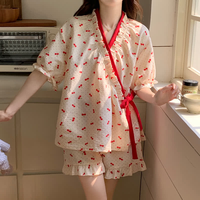 Pyjama couleur cerise avec manches à volants et pois blancs - image 1