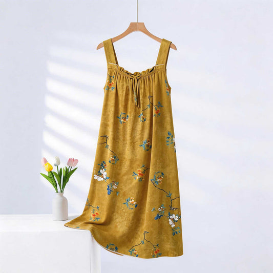 Chemise de nuit vintage sans manches, à col à volants fleuris - Jaune - Taille surdimensionnée - image 0