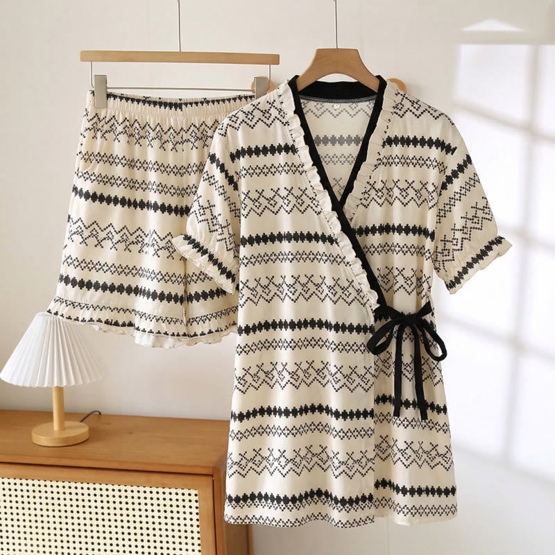 Ensemble pyjama à manches à volants et motif bohème - Noir - 3XL - image 0
