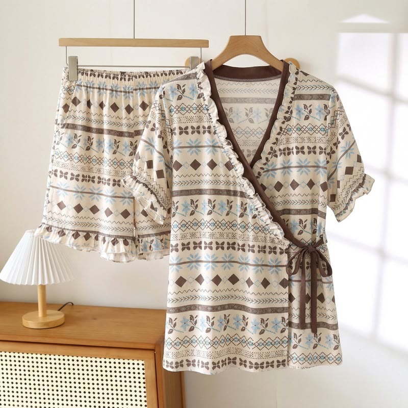 Ensemble pyjama à motifs géométriques et manches à volants fleuris - Vert - 3XL - image 0