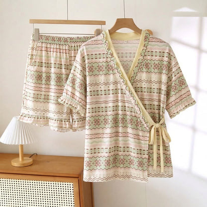 Ensemble pyjama à motifs géométriques et manches à volants - Beige - 3XL - image 0