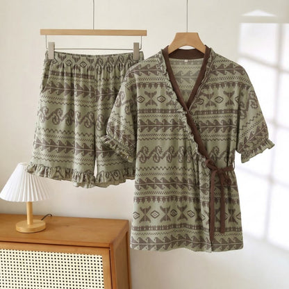 Ensemble pyjama style bohème avec manches à volants - Vert - 3XL - image 0