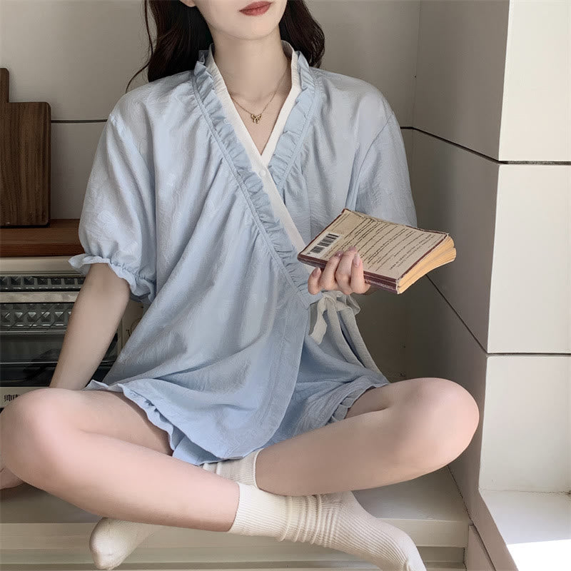 Pyjama bleu clair à manches à volants - image 1