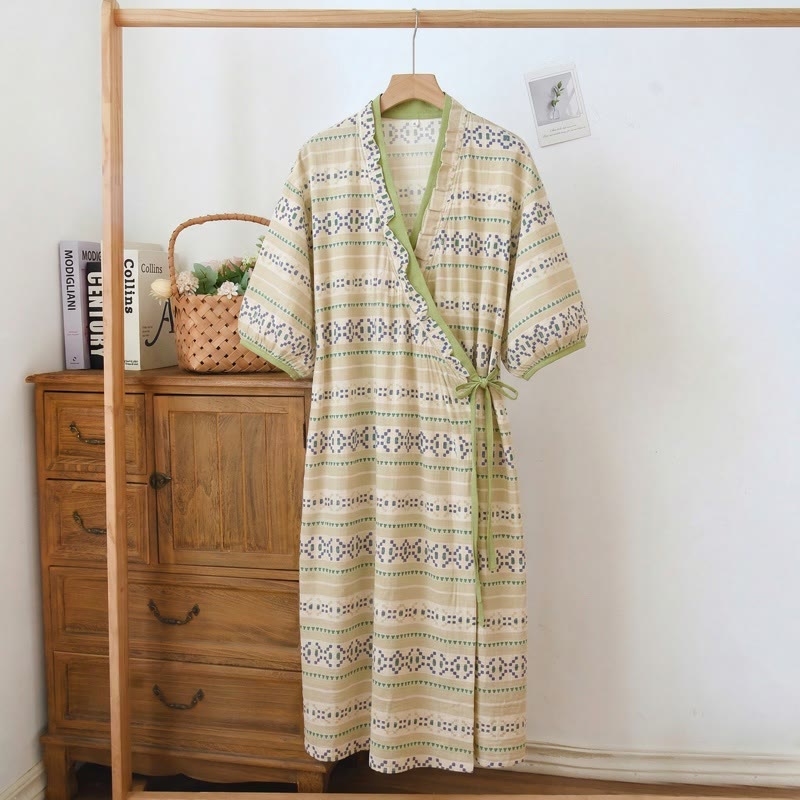 Chemise de nuit à motifs géométriques et volants latéraux à nouer - Vert  - 3XL - image 0