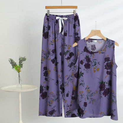Pyjama violet à fleurs avec débardeur et pantalon - Violet - 5XL - image 0