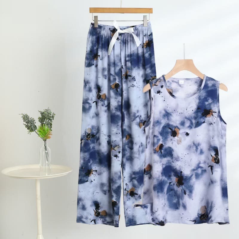 Ensemble pyjama en batik bleu composé d'un débardeur et d'un pantalon - Bleu - 5XL - image 0