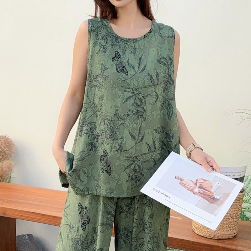 Pyjama à motifs floraux verts, débardeur et pantalon à papillons - image 2
