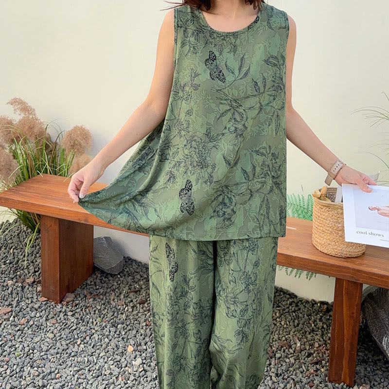 Pyjama à motifs floraux verts, débardeur et pantalon à papillons - image 1