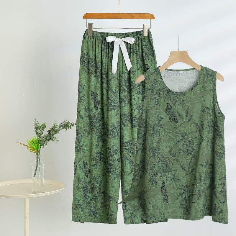 Pyjama à motifs floraux verts, débardeur et pantalon à papillons - Vert - 5XL - image 0