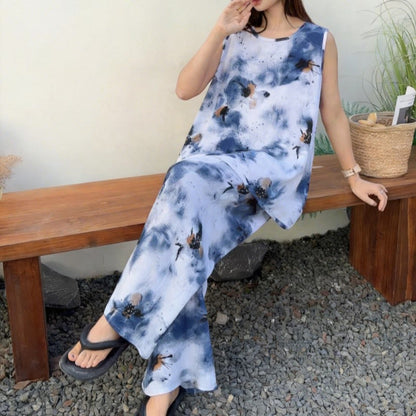 Ensemble pyjama en batik bleu composé d'un débardeur et d'un pantalon - image 1