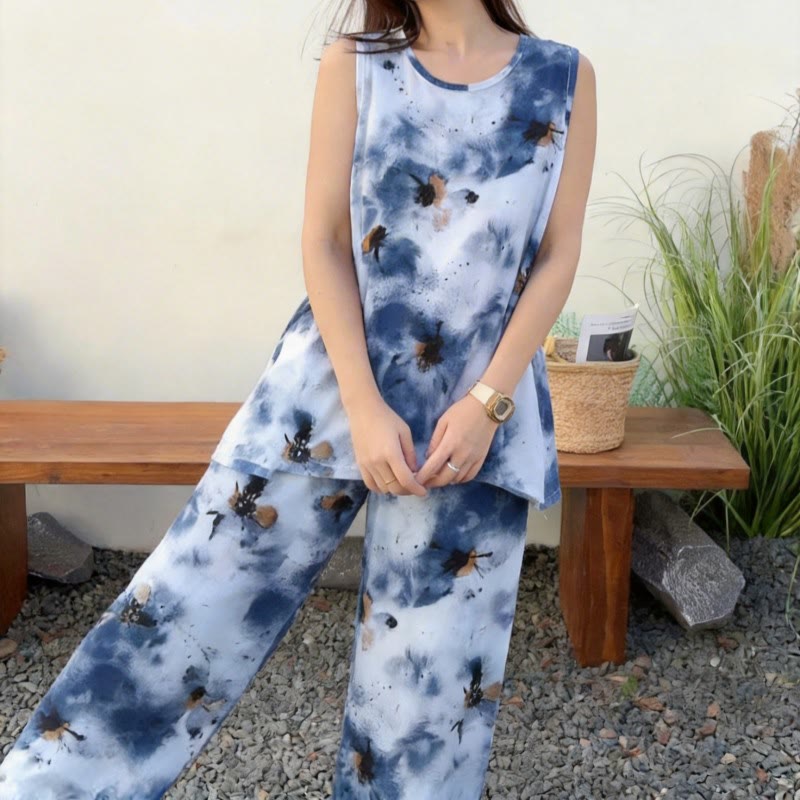 Ensemble pyjama en batik bleu composé d'un débardeur et d'un pantalon - image 3