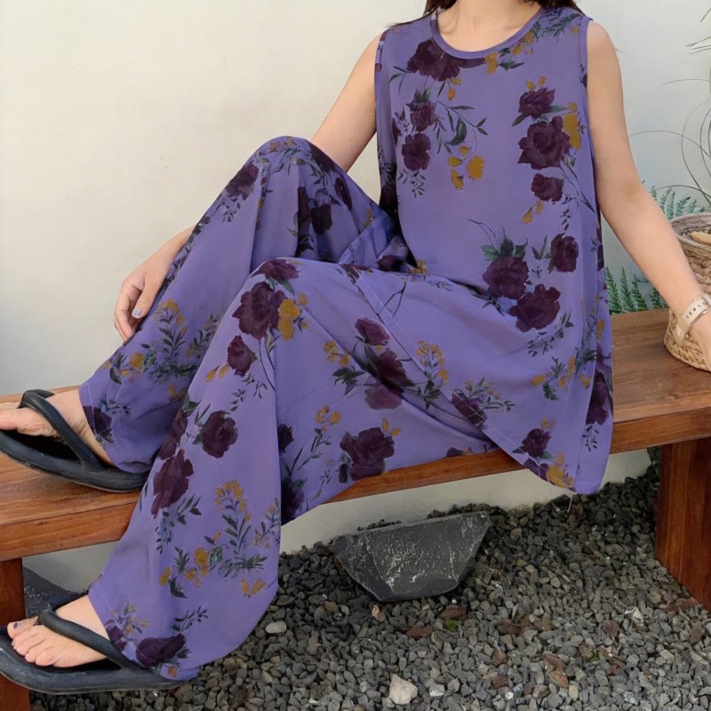 Pyjama violet à fleurs avec débardeur et pantalon - image 2