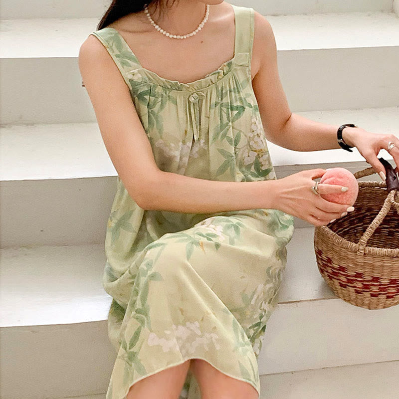 Chemise de nuit sans manches à motifs de feuilles et de fleurs vertes - image 2