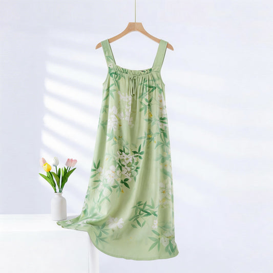 Chemise de nuit sans manches à motifs de feuilles et de fleurs vertes - image 0